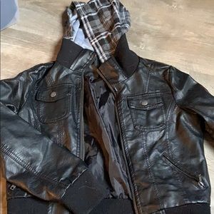 Leather jacket with plaid hoodie